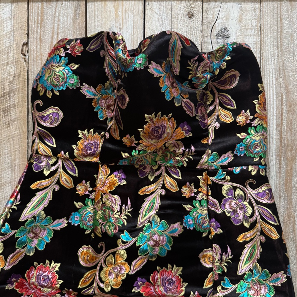 Multicolored Embroidered Floral Strapless Midi Bodycon Dress